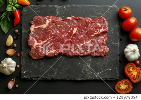 Fresh Steak, Tomatoes, and Garlic on Black Slate Surface Fresh Steak, Tomatoes, and Garlic on Black Slate Surface 129979054