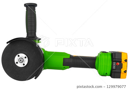 Cordless angle grinder for cutting, grinding, and polishing. On a white background Cordless angle grinder for cutting, grinding, and polishing. On a white background 129979077
