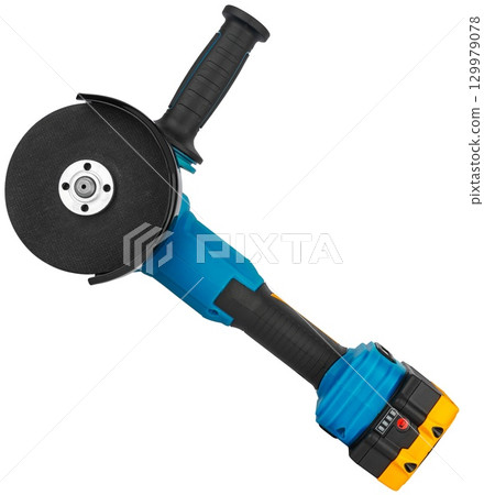 Cordless angle grinder for cutting, grinding, polishing, and cutting metal. On a white background 129979078