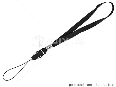 Wrist strap with adjustable loop, typically used to secure small electronic devices, on a white background in isolation Wrist strap with adjustable loop, typically used to secure small electronic devices, on a white background in isolation 129979105