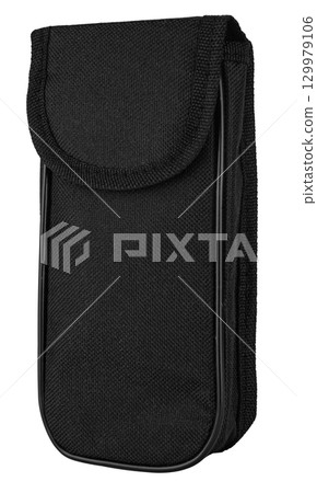 Bag, case made of durable material with Velcro fastener for storing a device on a white background 129979106