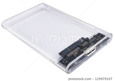 Memory storage pocket, transparent, for HDD or SSD, on a white background in isolation 129979107