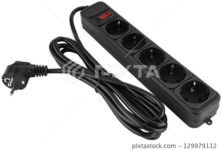 Network filter with five sockets, for computers or other low-power household appliances, on a white background in isolation 129979112