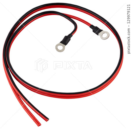 Two-core insulated wire with terminals at the ends, on a white background in insulation 129979121