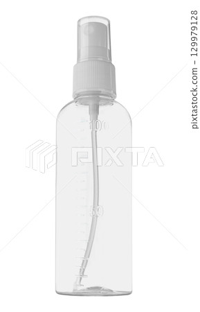 transparent plastic bottle with dispenser on white background in isolation 129979128