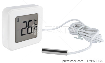 Battery-powered digital thermometer with external temperature sensor. 129979136