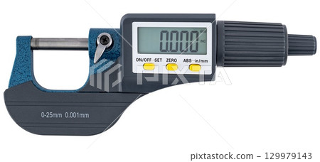 Electronic micrometer with LCD screen for precise measurements of parts. On a white background 129979143