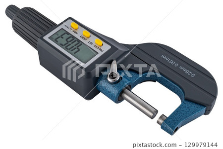 Compact electronic micrometer with LCD screen on a white background. 129979144