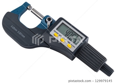 Electronic micrometer with LCD display for checking product dimensions. 129979145