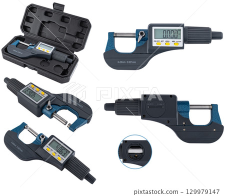 Portable digital micrometer with LCD screen and durable housing. on a white background in isolation 129979147