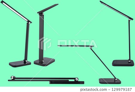 Adjustable RGB LED lamp for comfortable workplace lighting. Collage on a blue background. Projections. Adjustable RGB LED lamp for comfortable workplace lighting. Collage on a blue background. Projections. 129979187