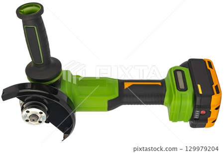 Cordless angle grinder for cutting and grinding metal. On a white background Cordless angle grinder for cutting and grinding metal. On a white background 129979204