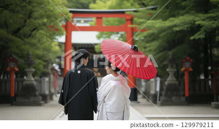 Bridal photo of bride and groom in traditional Japanese attire at a shrine 129979211