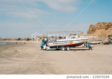 Mancora, Piura - Peru - April 2 2025 main avenue of the town  129979389