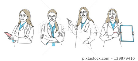 Set of minimalist continuous line art drawing illustrations of female doctors . Editable stroke . Vector . 129979410