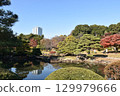 Autumn garden surrounded by autumn leaves 129979666