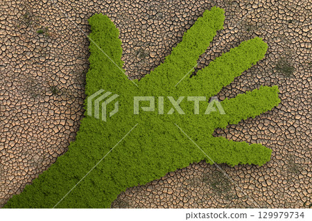 全球暖化與環境保護概念：乾旱導致土地龜裂，形成手形森林 129979734