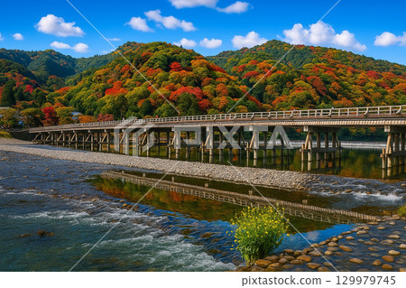 Autumn leaves of Togetsukyo Bridge 129979745