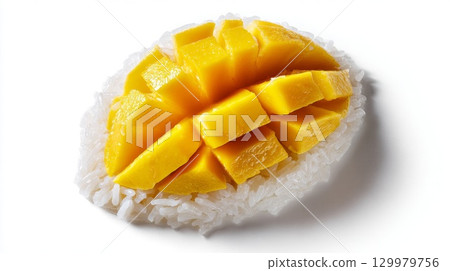 Delicious mango sticky rice with coconut milk drizzled on white plate 129979756