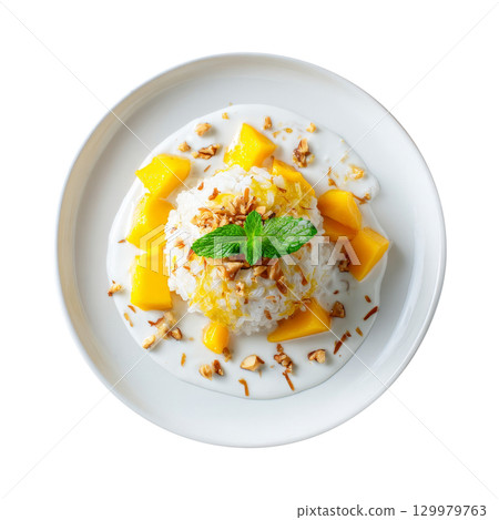 Delicious mango sticky rice with coconut milk drizzled on white plate 129979763