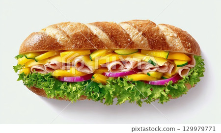 Delicious pulled pork sandwich with fried egg and fresh curly lettuce 129979771
