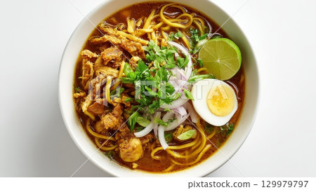 Northern thai style curried noodle soup with chicken, khao soi, features egg noodles, chicken, red onions, lime and fried onions 129979797