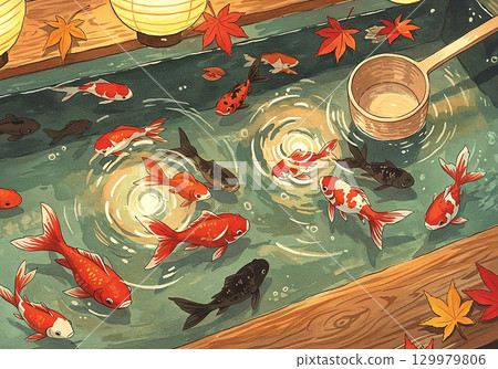 Lights reflected on the water, autumn leaves, and a goldfish scooping festival scene 129979806