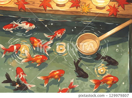 水面上倒映的燈光、秋葉和撈金魚的場景 129979807