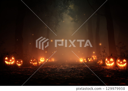 A road lined with pumpkin lanterns 129979938
