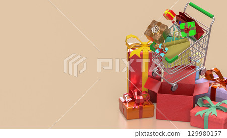 The Shopping Cart and Gift box for Holiday promotion concept 3d Rendering. 129980157