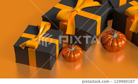 The Pumpkin and gift box for Halloween orHoliday concept 3d Rendering. 129980187