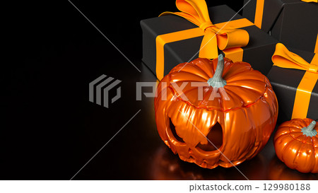 The Pumpkin and gift box for Halloween orHoliday concept 3d Rendering. 129980188