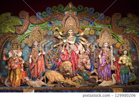 The Goddess and Her Entourage at Kolkata Durga Puja 129980206
