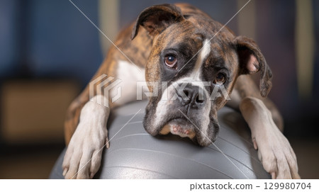 Brindle Boxer mastering balance on stability ball during canine fitness session at dog gym Brindle Boxer mastering balance on stability ball during canine fitness session at dog gym 129980704