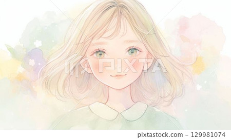 透明水彩插畫：眼神溫柔的女孩 129981074
