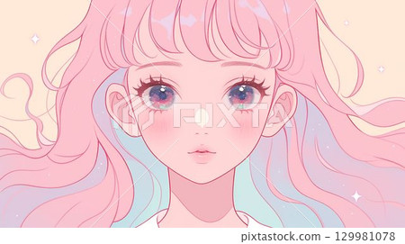 粉紅色頭髮、眼睛閃閃發光的女孩的插圖 129981078