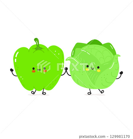 A cute green pepper and cabbage smiling and holding hands, full of joy. 129981170