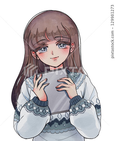 手持平板電腦的昭和復古風格美少女半身照 手持平板電腦的昭和復古風格美少女半身照 129981273