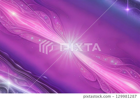 A radiant burst of pink and purple light flows across a cosmic background, an ethereal energy beam 129981287