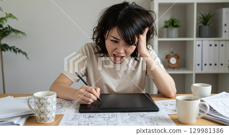 一位女漫畫家因截止日期緊迫而感到恐慌 129981386