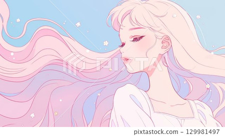 一位美麗女孩的插圖，頭髮在風中飄揚 129981497