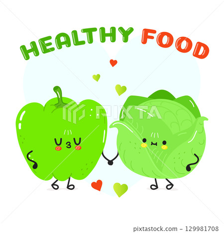 A charming cartoon illustration of a pepper and cabbage together, promoting healthy eating with love. A charming cartoon illustration of a pepper and cabbage together, promoting healthy eating with love. 129981708