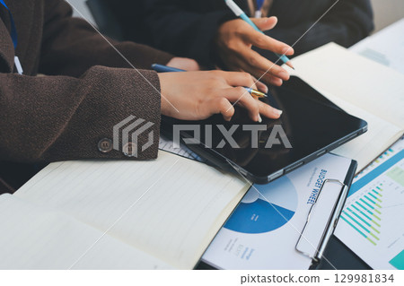 Success, audience with an applause and in a business meeting at work with a lens flare together. Achievement or celebration, motivation and businesspeople clapping hands for good news or support 129981834