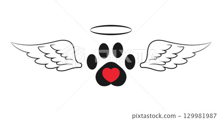 Pet paw with heart, wings and halo. Pet memory and love emblem. Angel pet. Vector illustration Pet paw with heart, wings and halo. Pet memory and love emblem. Angel pet. Vector illustration 129981987