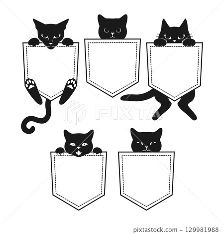 Set of black cats peeking out of the pockets. Cute and scary hiding cats. Pocket kittens. Vector illustration 129981988
