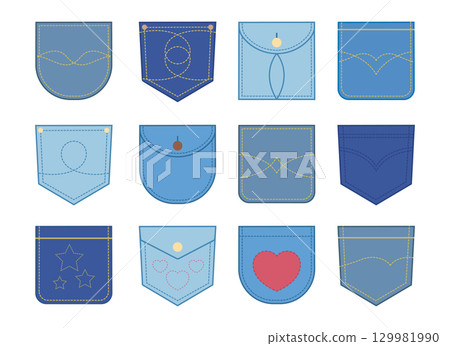 Collection of blue jeans pockets. Denim pocket patches isolated on white background. Vector illustration 129981990