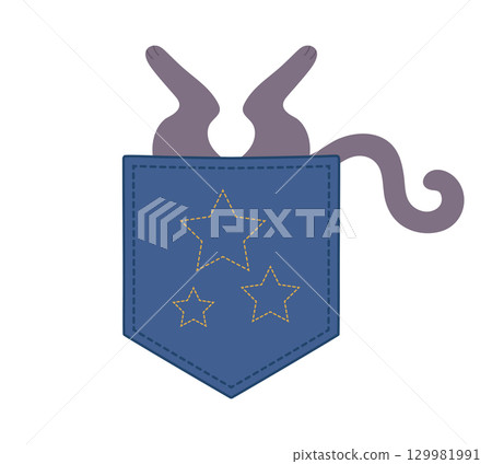 Cute hand drawn cat sitting in a pocket upside down. Pocket kitten. Vector illustration 129981991