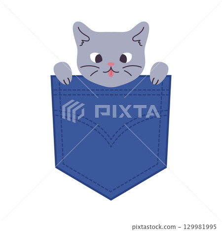 Funny hand drawn cat with slanted eyes sitting in a pocket and sticking out its tongue. Pocket kitten. Vector illustration. 129981995
