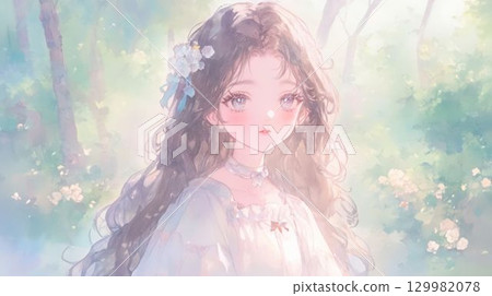 Fantasy illustration of a kind-eyed girl wearing a floral ornament 129982078