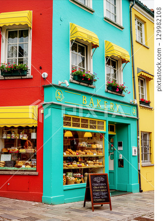 色彩繽紛的街角，有麵包店和華麗的建築 129982108